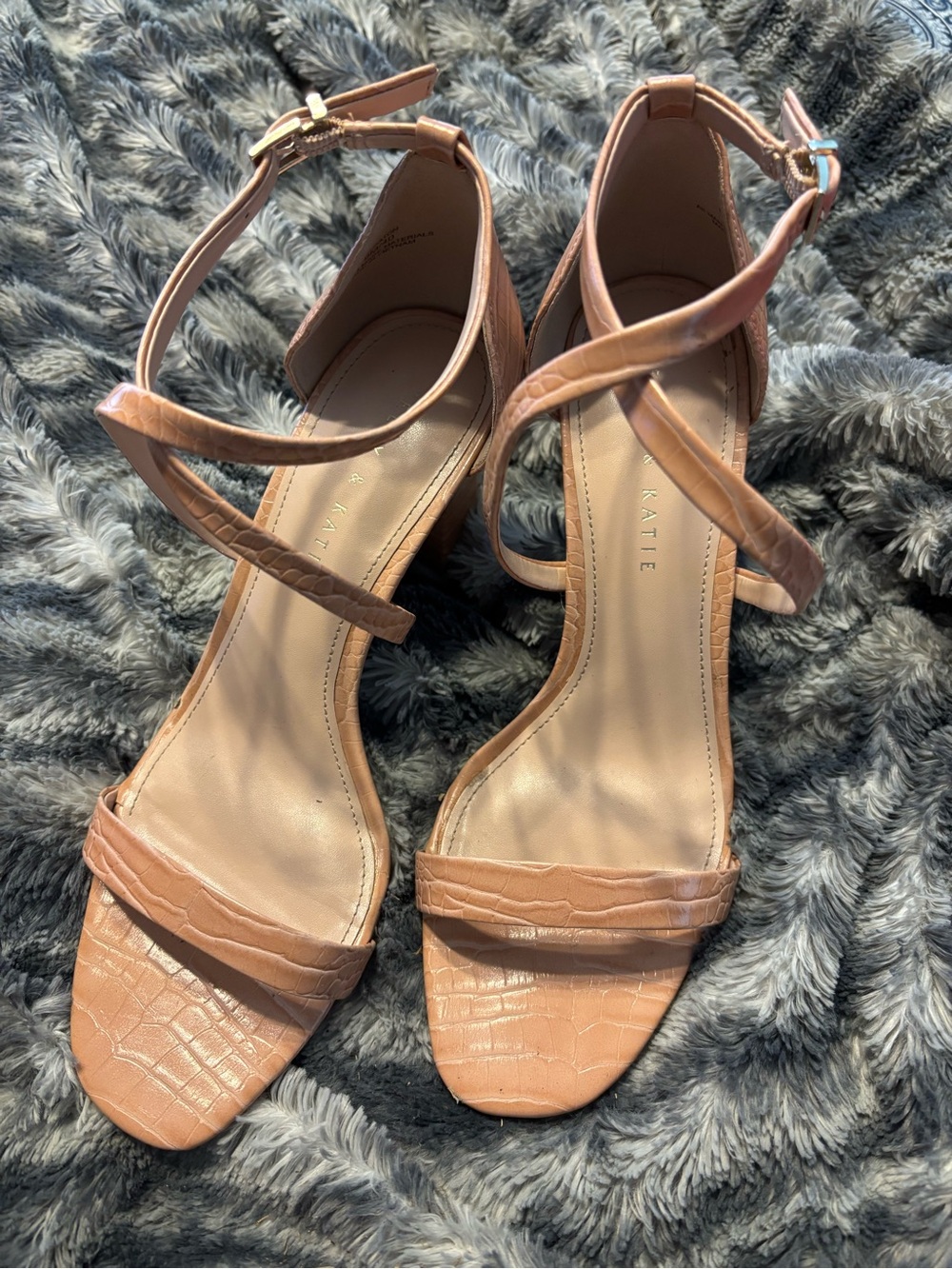 Kelly & Katie Croc-Embossed Strappy Block Heels in Tan
